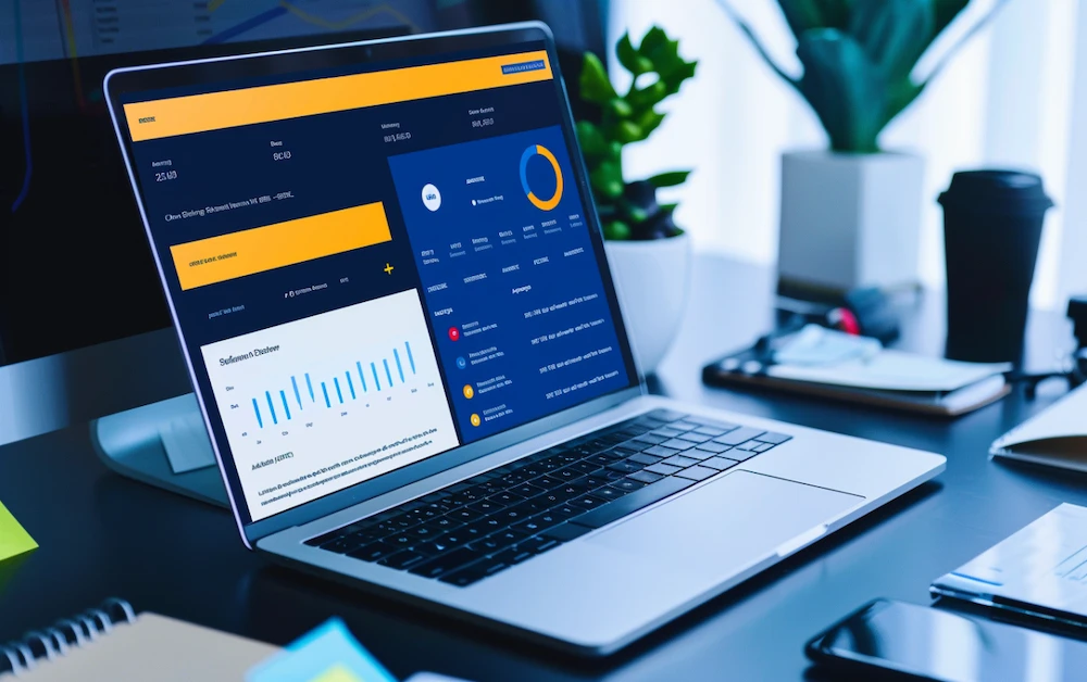 A laptop displaying a financial reconciliation software dashboard with charts and key metrics, illustrating automated financial data processing and analysis in a professional office setting.