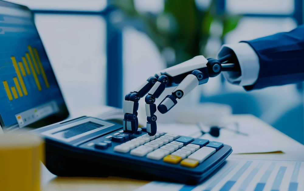 Robotic hand using a calculator, symbolizing automated reconciliation processes in modern finance. Ideal for streamlining financial tasks and reducing manual errors.