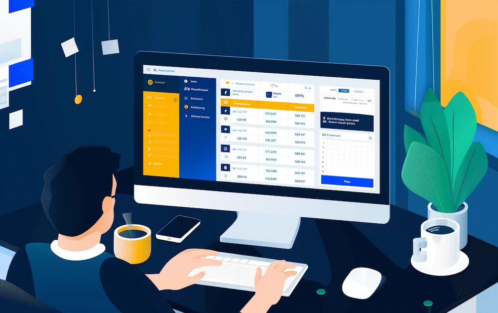 Employee using payroll reconciliation software to manage financial records on a desktop computer. Payroll reconciliation process displayed on the screen for efficient tracking and management.