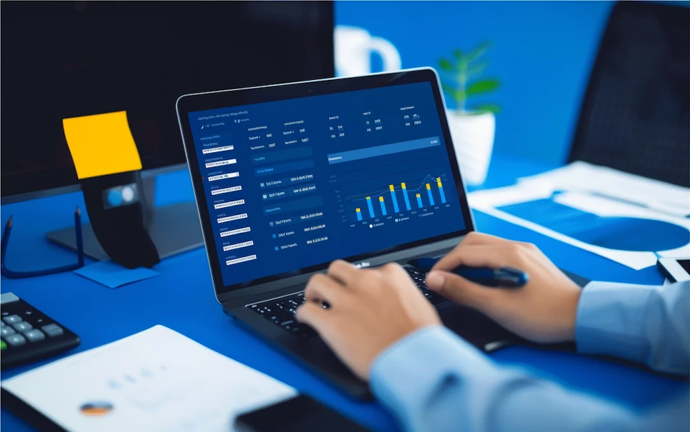 Professional analyzing automated financial reporting dashboard on a laptop, showcasing charts and data insights for streamlined financial reporting processes.