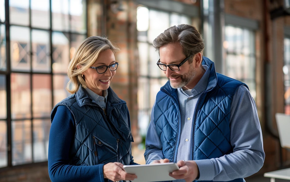 Two business professionals wearing blue quilted vests review a tablet together in a modern office with large industrial-style windows, symbolizing collaboration and technology in managing B2B rebates effectively.
