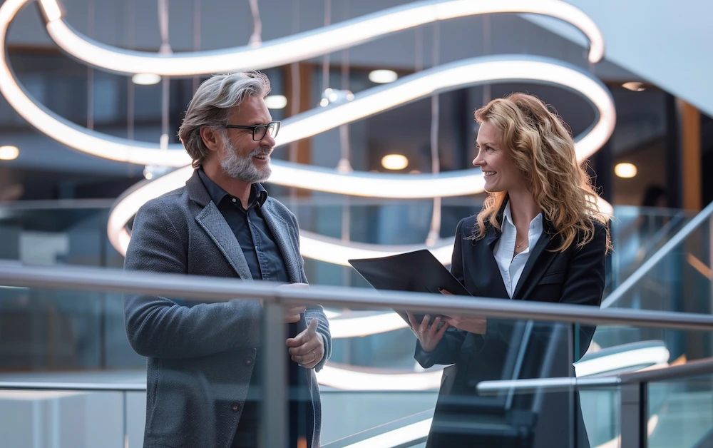 Two professionals discussing a special pricing agreement in a modern corporate setting, with a sleek glass railing and futuristic spiral lighting in the background, symbolizing collaboration and strategic business planning.