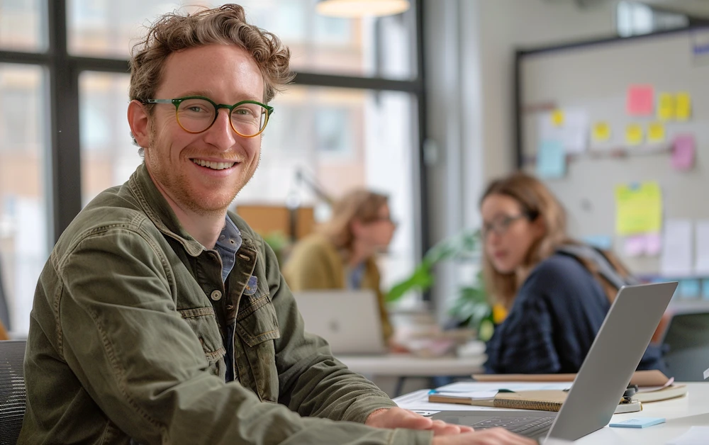 Smiling professional working on a laptop in a modern office environment, symbolizing collaboration and efficiency through automated business processes, with colleagues brainstorming in the background.