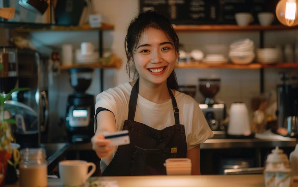 Smiling barista handing over a card, representing seamless payment transactions and the importance of reconciling payments for businesses.