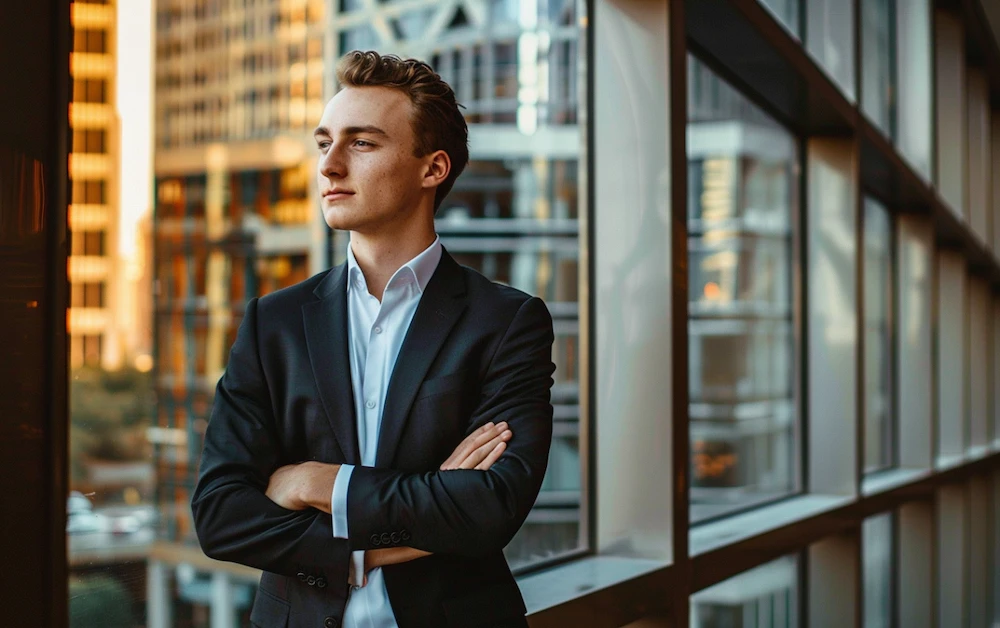 Young professional in a modern corporate office environment, standing confidently with arms crossed against a backdrop of glass windows and city buildings, representing the future of finance automation and digital transformation in the financial industry