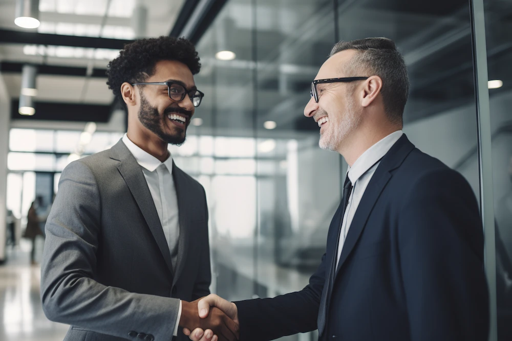 Two business professionals shaking hands in a modern office setting, symbolizing a successful partnership and effective utilization of MDF funds for mutual growth.