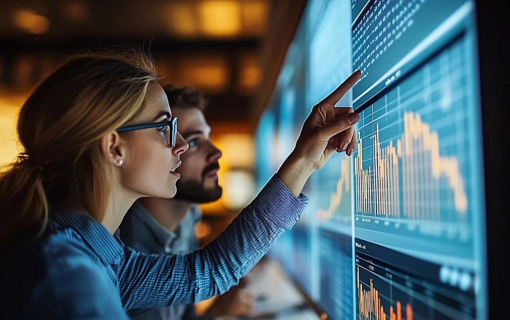 Professionals collaborating in front of a digital dashboard with charts and graphs, demonstrating key data preparation steps such as cleansing, validation, and enrichment for efficient business analysis and decision-making.