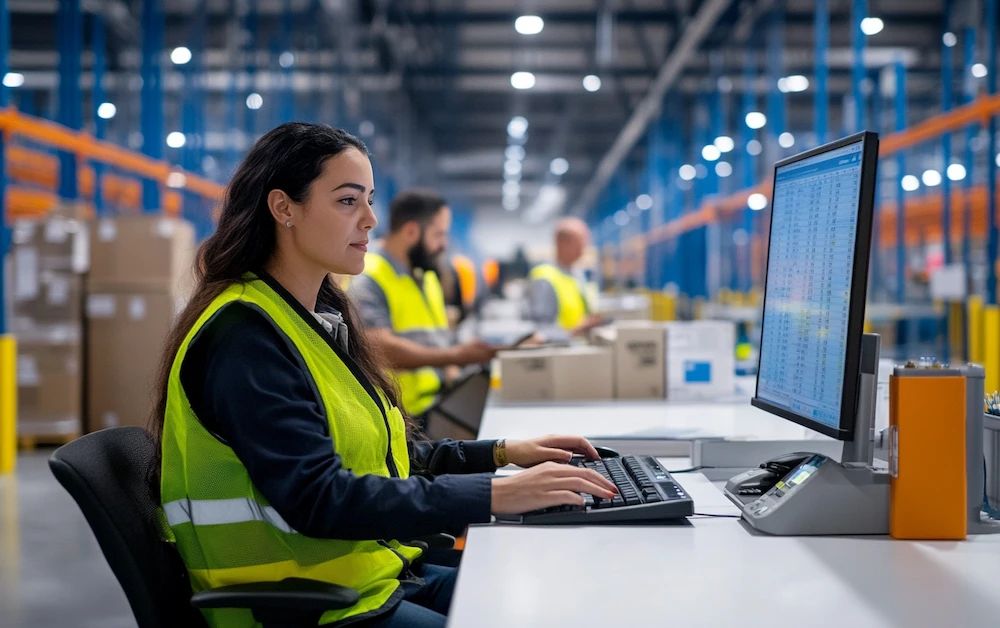 Warehouse employee using data entry automation software to streamline inventory management and reduce manual errors.