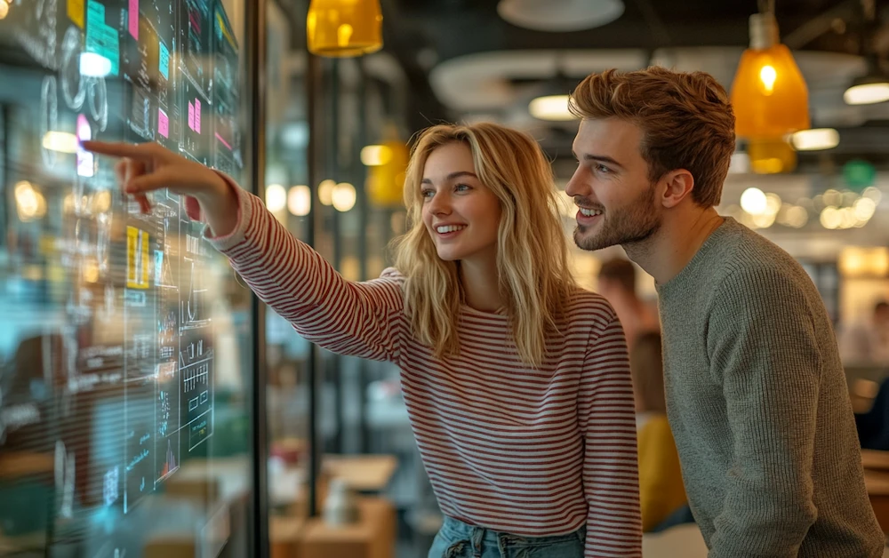 Two professionals collaborating in a modern office, analyzing data on a digital touchscreen display. They are discussing process improvement tools to optimize workflow efficiency and enhance productivity.