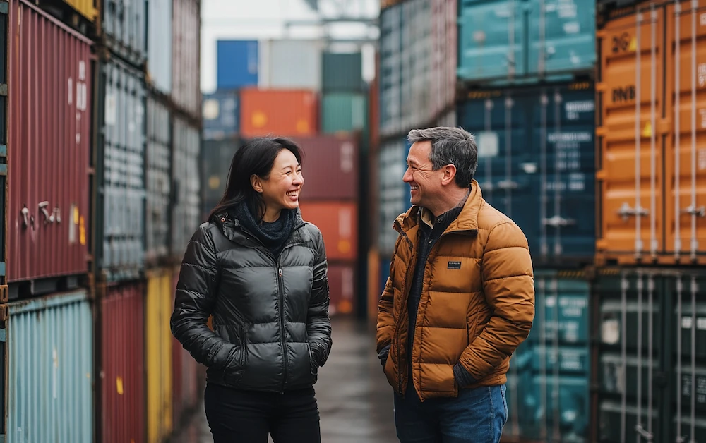 Two business professionals discussing ship and debit strategies in a shipping container yard, optimizing inventory management and supplier rebates for efficient cost control.