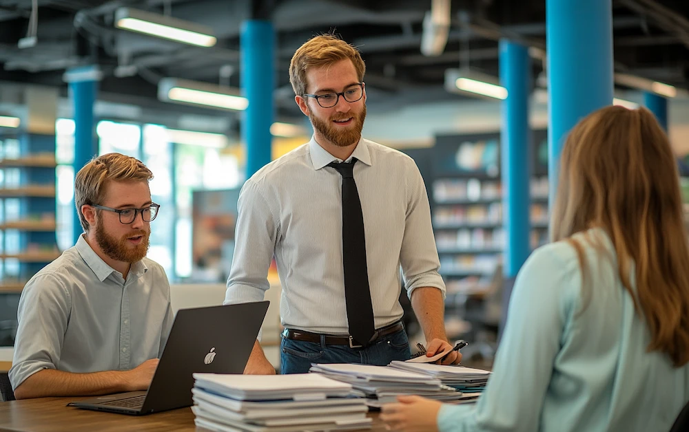 Finance professionals collaborating on vendor reconciliation processes in a modern office setting. A team reviews financial documents and uses a laptop for automated reconciliation, ensuring accuracy and efficiency in vendor account management.