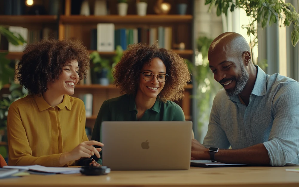 A diverse finance team collaborating on intercompany reconciliation using automated reconciliation software on a laptop. They are reviewing financial data in a modern office setting, ensuring accuracy and compliance in intercompany transactions.
