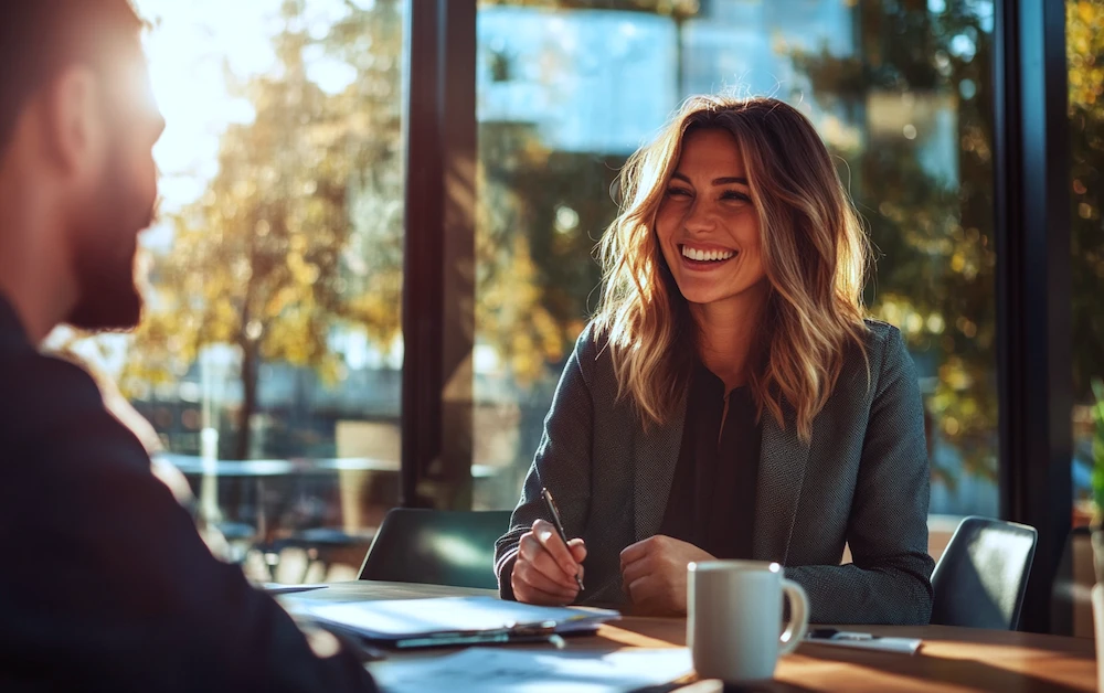 Smiling business professional reviewing financial documents with a colleague in a well-lit office, illustrating the importance of collaboration in internal controls accounting. Strong internal controls ensure financial accuracy, fraud prevention, and compliance with accounting regulations.
