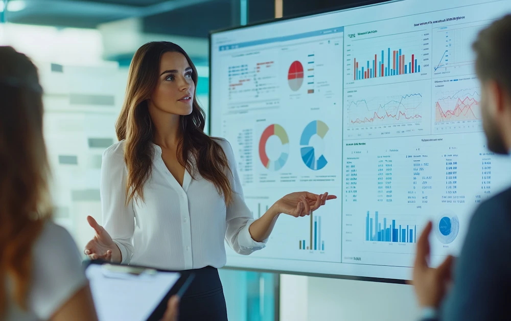 Business professional presenting risk management data on a screen, showcasing charts and analytics to improve decision-making. Learn the key benefits of risk management in enhancing financial stability, compliance, and operational efficiency.