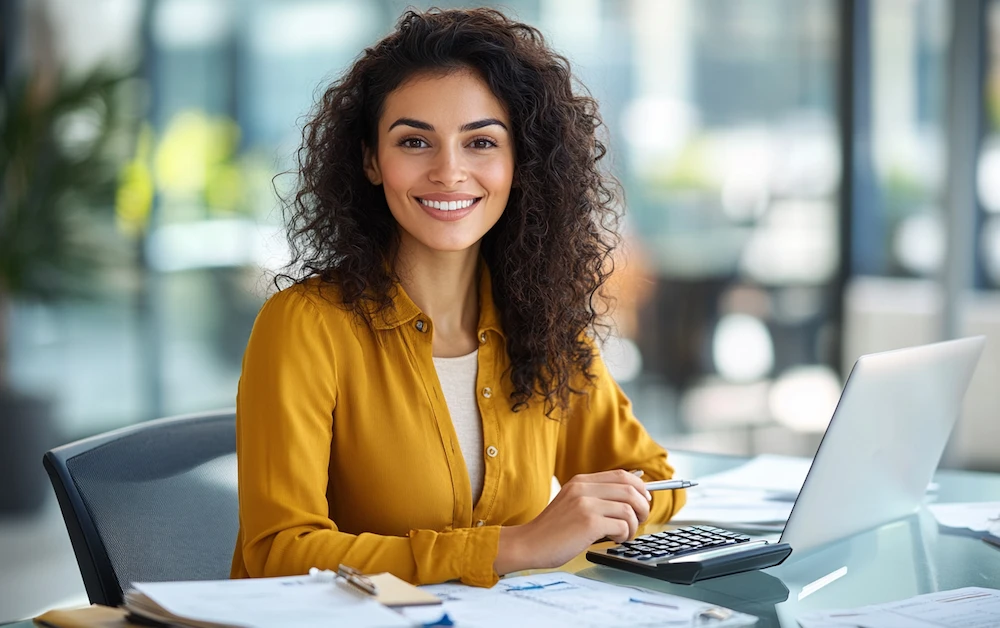 Confident female accountant working on account reconciliation in a modern office, using a calculator and laptop, surrounded by financial statements, spreadsheets, and paperwork — bright natural light, professional and approachable atmosphere, high-detail, ultra-realistic corporate setting