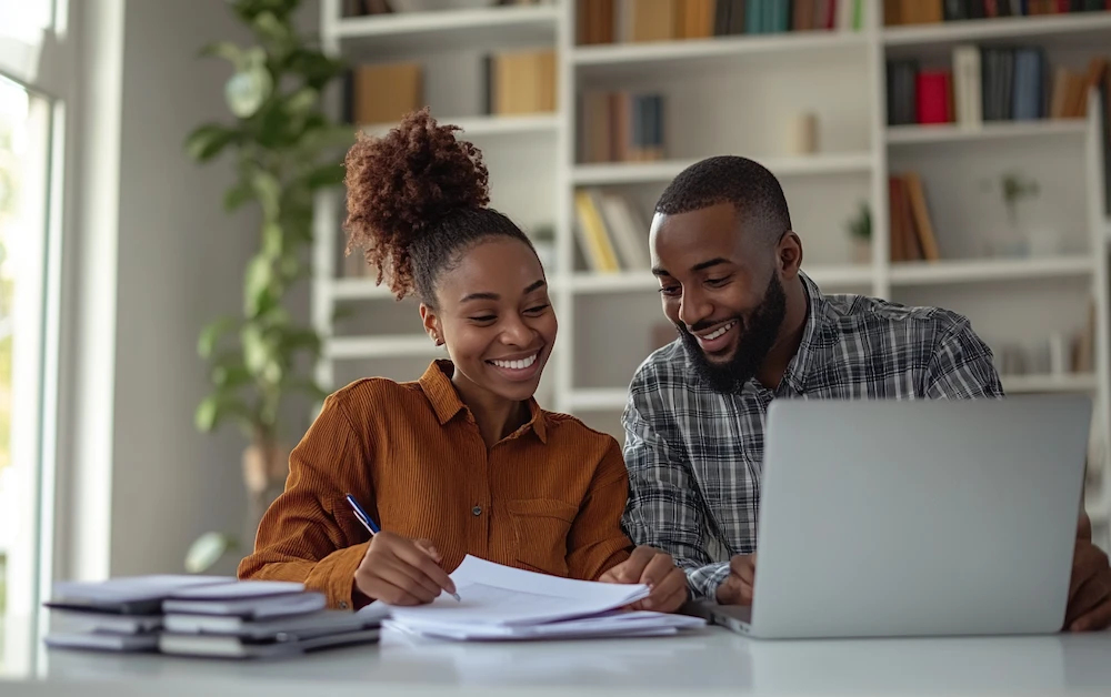Two finance professionals reviewing documents and working on a laptop during the month end close process, surrounded by reports and financial paperwork in a modern office setting.