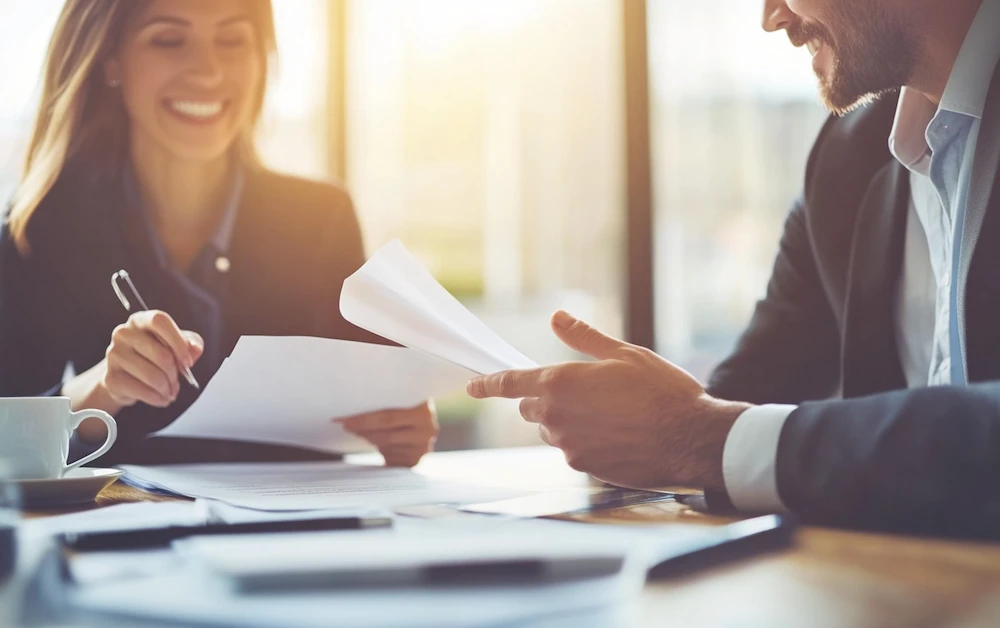 Two professionals reviewing financial documents in a sunlit office, representing collaboration during the accounting cycle process, including tasks like journal entries, ledger posting, and financial statement preparation.