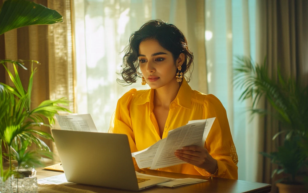 Woman in a yellow blouse reviewing financial reports on a laptop during a cost reconciliation process in a home office setting.