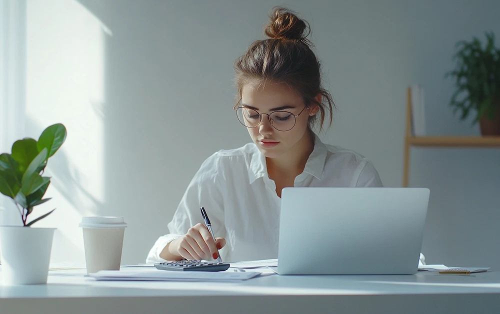 Finance professional analyzing data for general ledger accounting on a laptop at a modern desk with calculator, documents, and coffee cup.