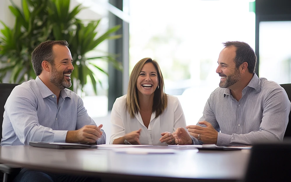 Team collaborating and smiling during a meeting on process automation strategy in a modern office setting