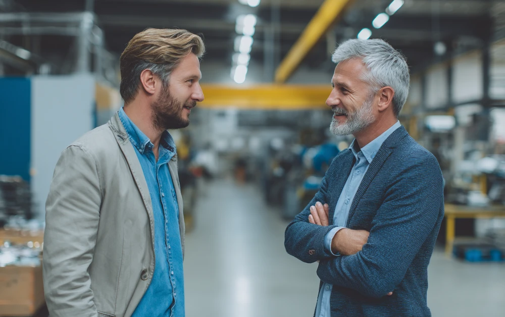 Two business professionals discussing successful rebate program examples in a manufacturing facility, highlighting strategies for partner incentives and supplier collaboration.