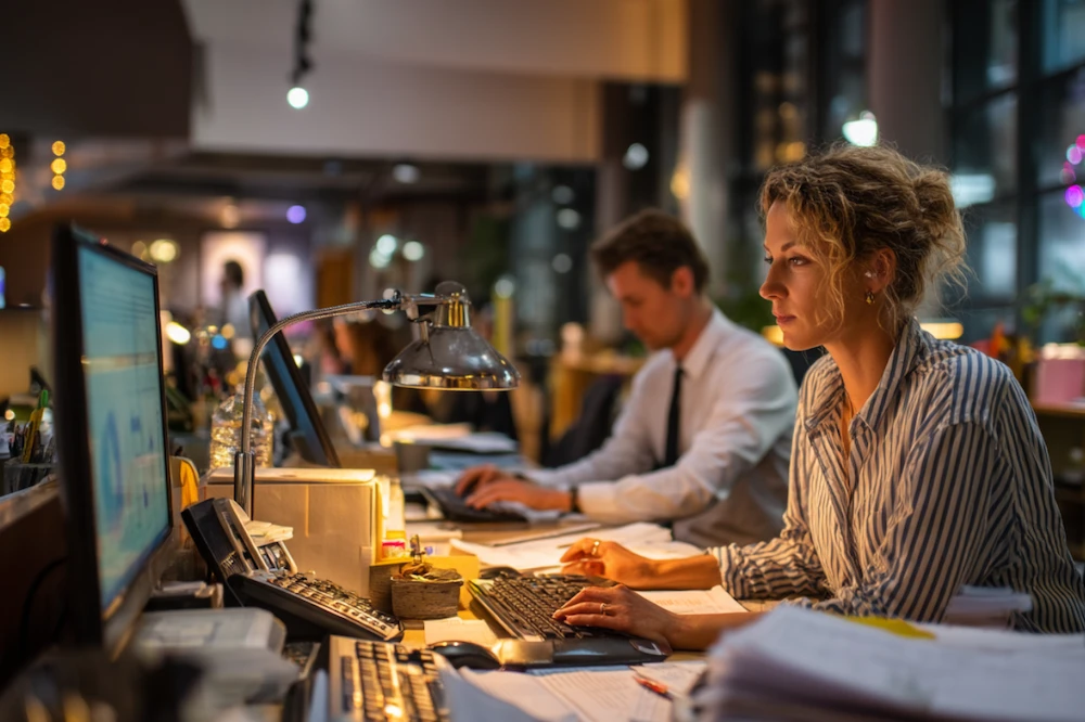 A finance team working late at their desks, carefully reviewing spreadsheets and financial reports on their computers, illustrating the detailed steps of using a month end checklist template to ensure accurate financial close processes.