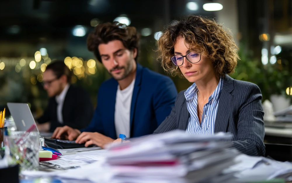 Finance professionals working in the office on the accounting monthly close process, reviewing financial reports, reconciling accounts, and finalizing monthly statements to ensure accurate corporate financial reporting.