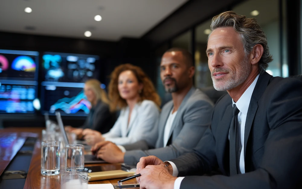 Business leaders discussing an operational excellence roadmap in a strategy meeting, focusing on data-driven performance, process improvement, and corporate growth, with digital dashboards displaying KPIs and analytics in the background.
