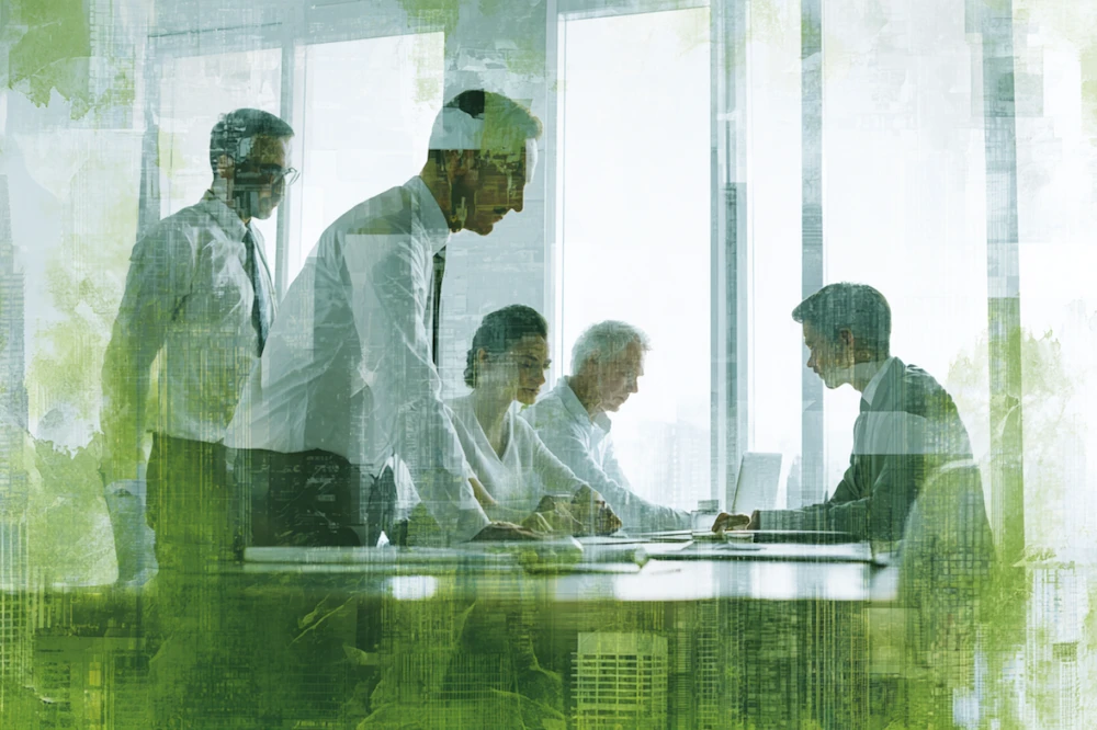 Business professionals collaborating in a modern office with a green sustainability overlay, symbolizing environmental, social, and governance (ESG) reporting software solutions for corporate compliance and data transparency.