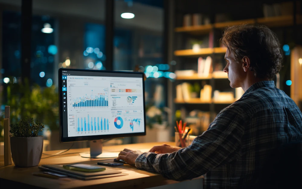 Professional accountant using financial close and consolidation software dashboard on desktop computer to analyze financial performance, generate consolidation reports, and streamline month-end closing processes.