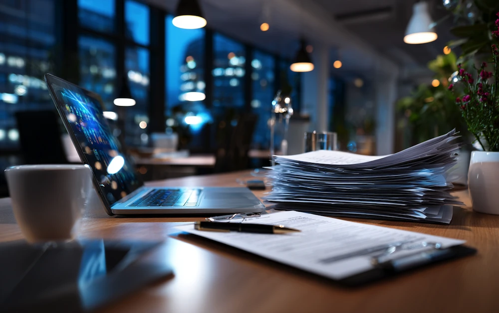 Modern office desk with laptop and large stack of paper invoices, symbolizing the need for invoice OCR software to automate document processing and streamline accounts payable.