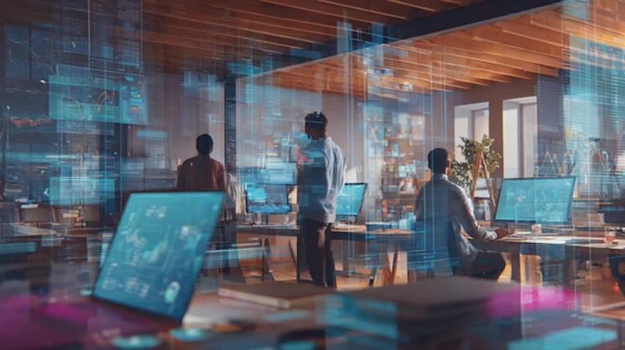 Modern finance team working in a digital office with advanced data dashboards and AI-powered tools, representing the benefits of accounting automation for efficiency and accuracy.