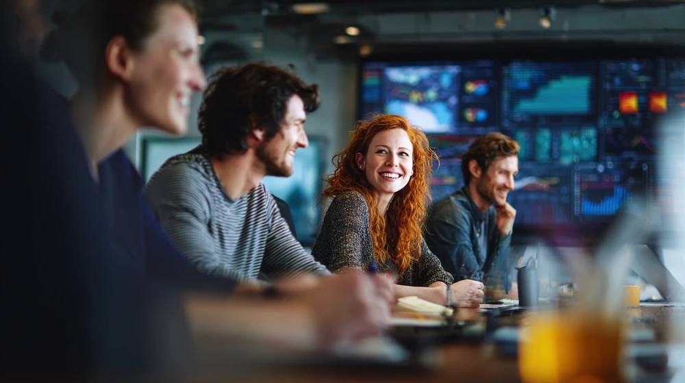 Fintech accounting team collaborating in a high-tech workspace with digital dashboards and financial data analytics on display, showcasing modern finance innovation and teamwork.