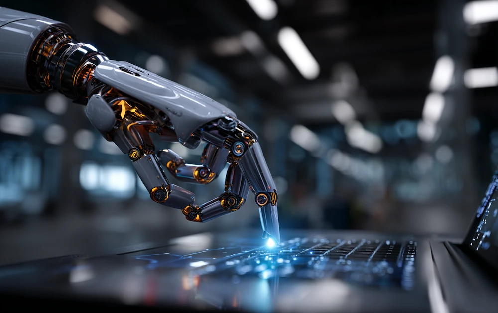 Robotic hand using a laptop to represent the benefits of RPA, showcasing how robotic process automation improves efficiency, accuracy, and productivity in business operations.