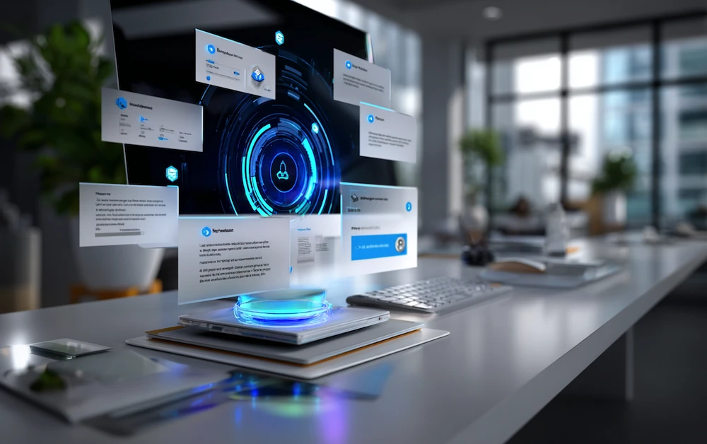 Futuristic digital dashboard showcasing business process automation tools with cloud integration, workflow optimization, and data visualization in a modern office setting.