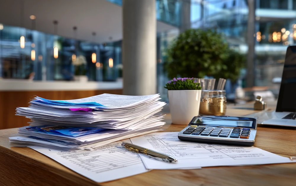 Stack of financial documents, calculator, and pen on a modern office desk representing bank reconciliation items, including outstanding checks, deposits in transit, and ledger adjustments.