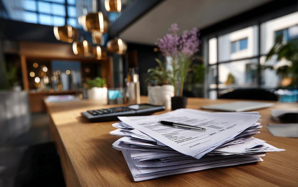 Stack of financial documents, pen, and calculator on a modern office desk representing invoice reconciliation and accurate financial reporting.