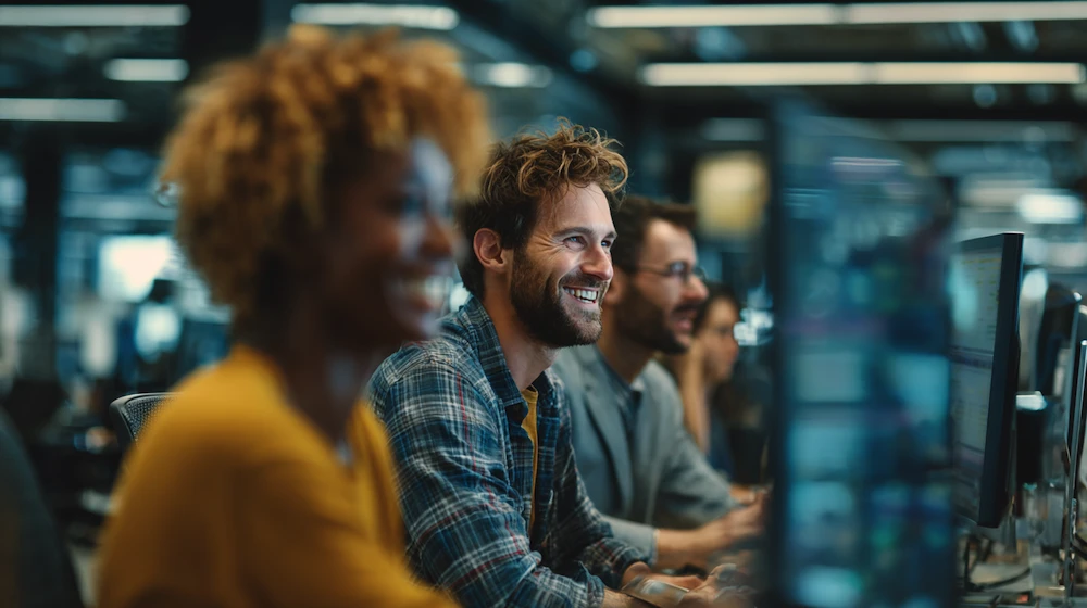 Finance team collaborating in a modern office, leveraging transaction lifecycle management software to streamline processes and improve accuracy.