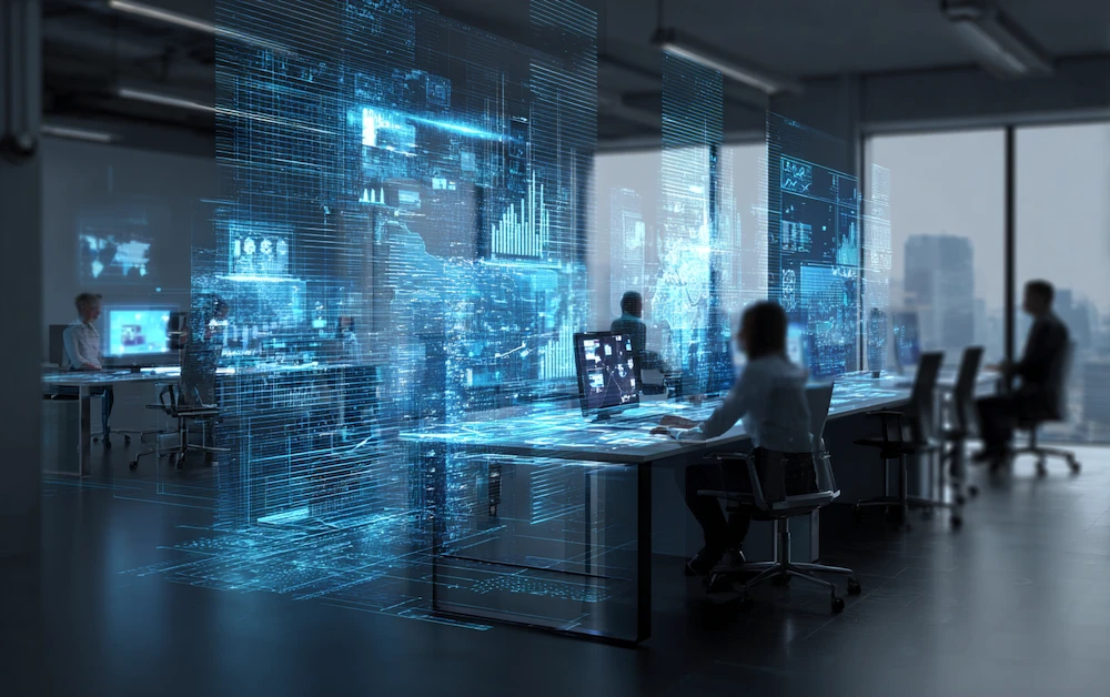 Futuristic office with finance professionals using AI in accounting, analyzing digital financial data and reports on advanced computer screens.
