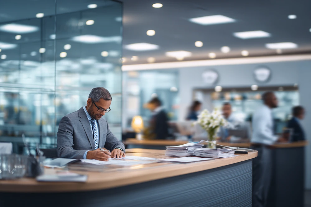 Financial professional reviewing documents and performing loan reconciliation at a modern office desk with paperwork and reports.
