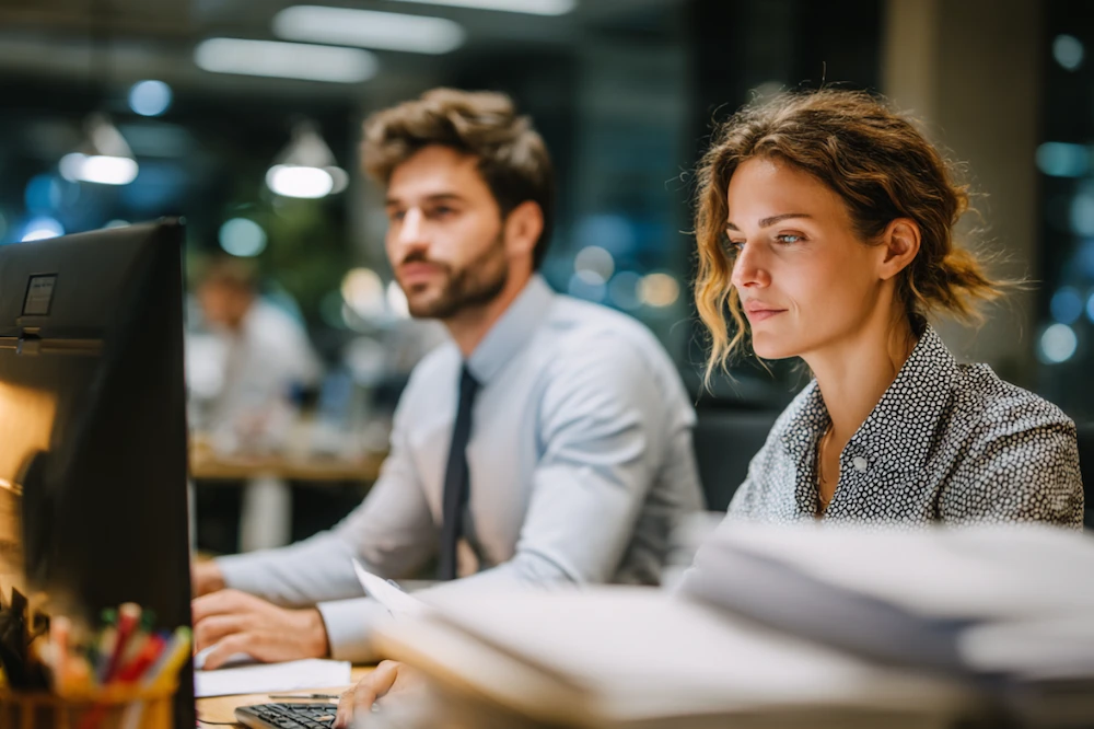 Finance professionals using loan origination automation software to streamline lending processes and increase efficiency in a modern office environment