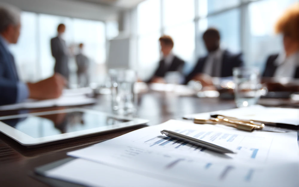 Modern finance meeting with reports, tablets, and professionals discussing AI in finance and accounting strategies in a boardroom