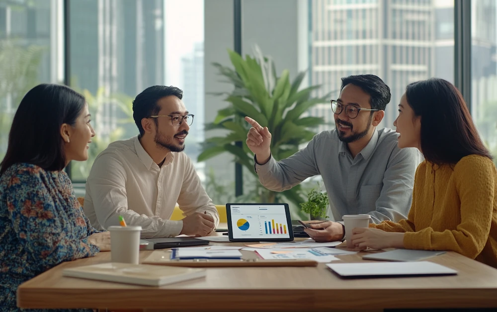 Team using financial forecasting tools during a business meeting with charts and graphs displayed on a laptop in a modern office setting.