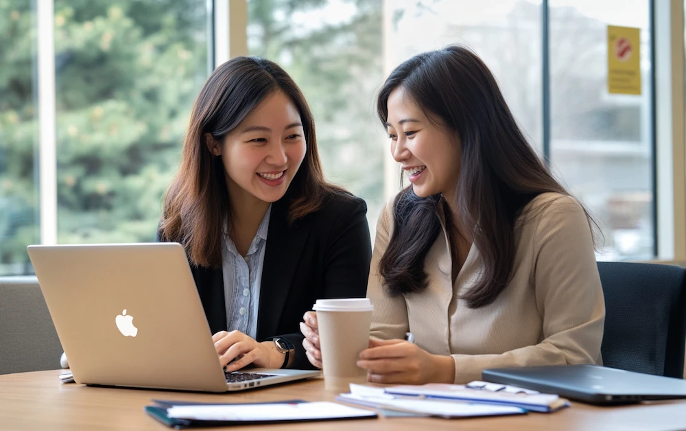 Two female professionals discussing financial reports and closing entries on a laptop in a bright modern office, symbolizing teamwork and accuracy in month-end accounting processes.