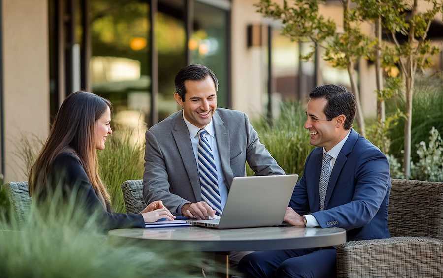 Business professionals collaborating outdoors using a laptop to review data standardization tools for improving data quality and consistency in enterprise workflows