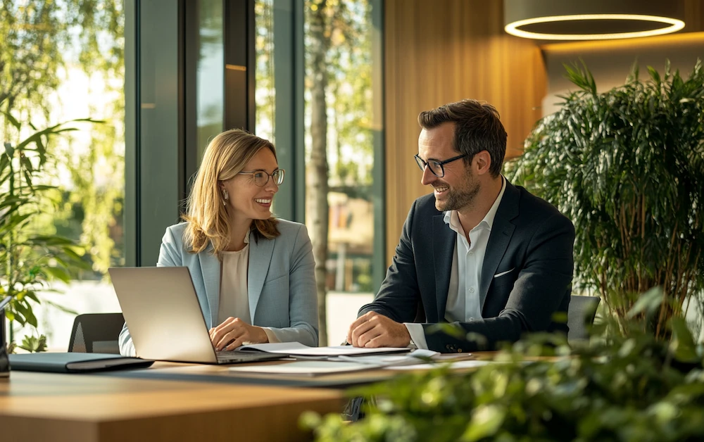 Finance professionals using securitization software on a laptop in a modern office, analyzing structured finance data and managing asset-backed securities efficiently. Discover how advanced securitization tools enhance risk assessment and automation.