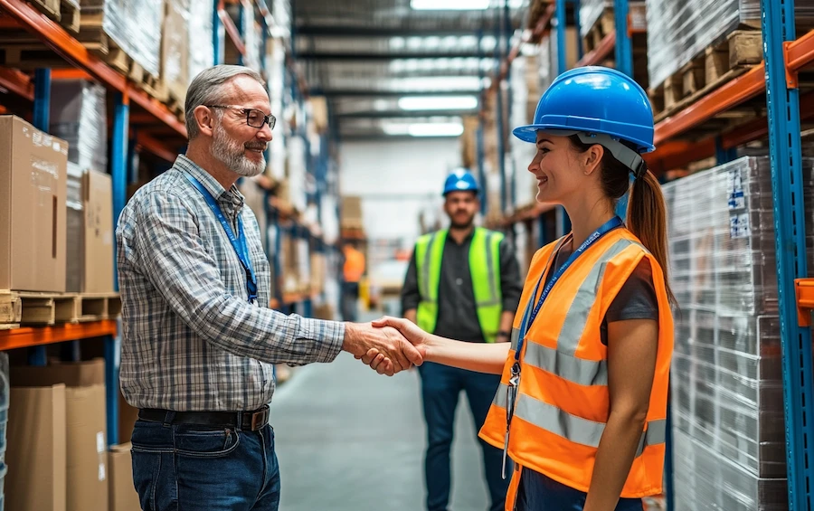 A supplier and warehouse manager shaking hands in a distribution center, symbolizing a successful rebate program agreement. Rebate programs help businesses strengthen partnerships by offering incentives based on purchase volume or performance.