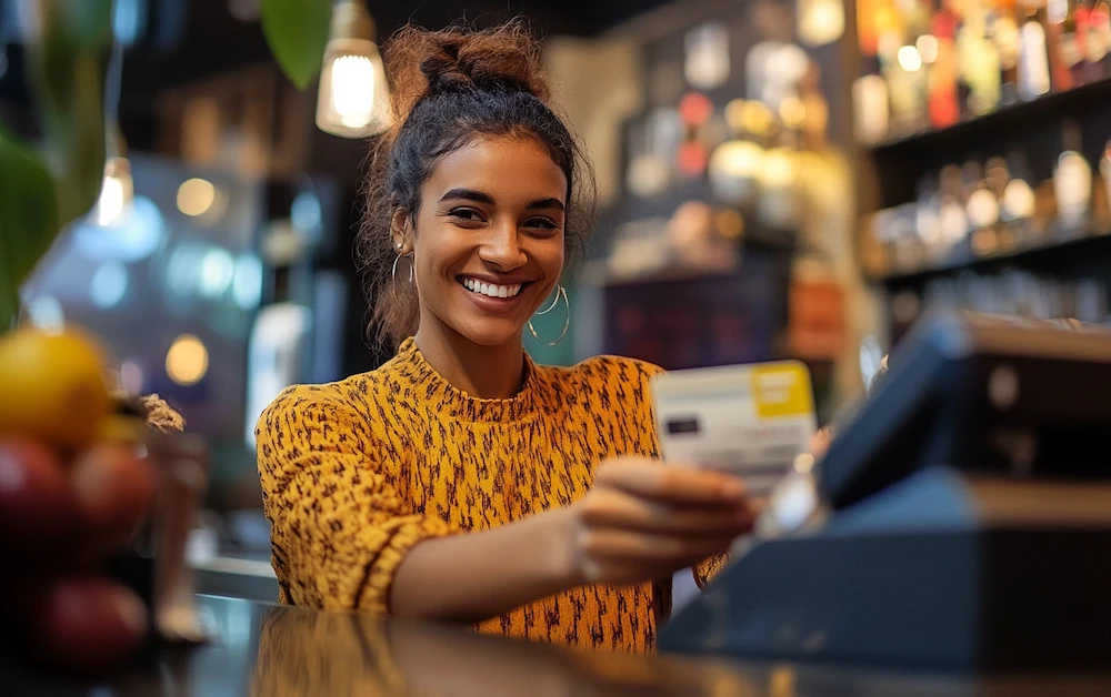 Smiling business owner processing a customer payment at a POS terminal in a busy café. Effective payment reconciliation ensures accurate transaction records, reducing errors and improving financial control.