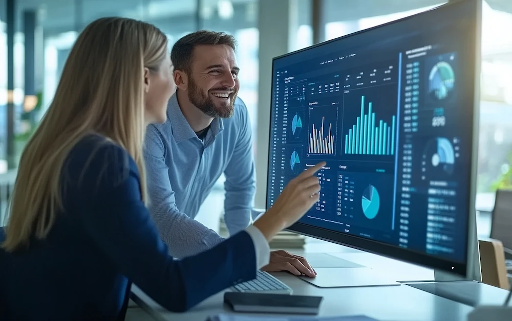 Two finance professionals analyzing charts and data visualizations on a large screen, demonstrating the use of budgeting and forecasting tools for financial planning and decision-making.