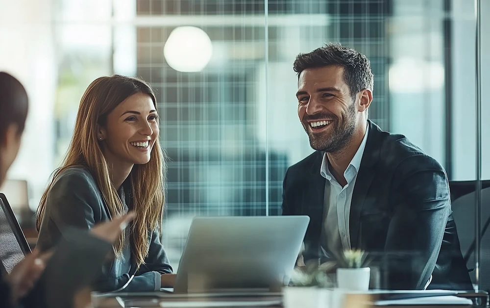 Team of finance professionals reviewing cash flow data on a laptop in a modern office, showcasing collaboration and the use of cash flow management software for business insights.